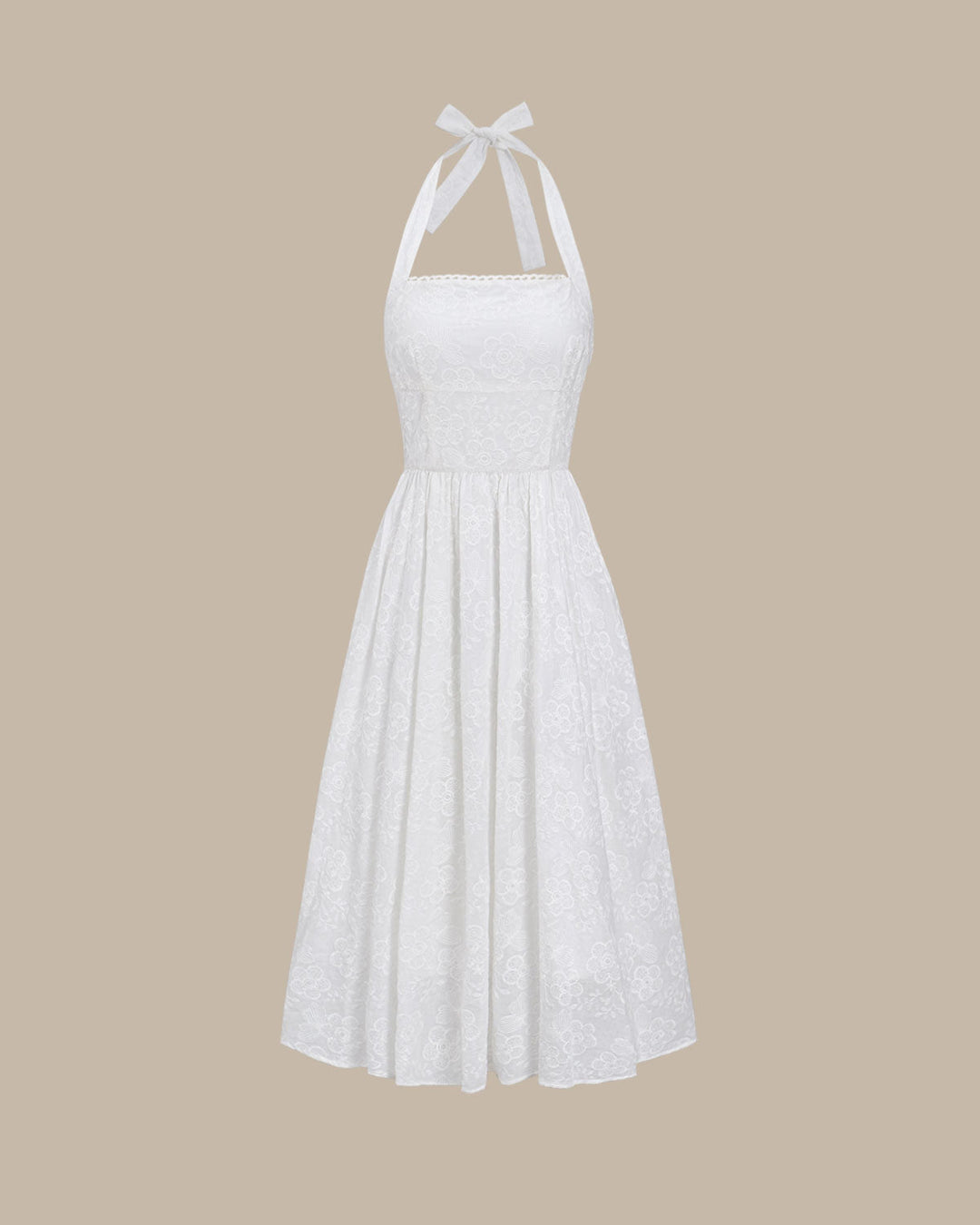 White Embroidery Halter Midi Dress