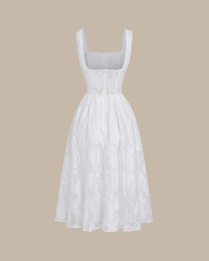 White Jacquard Shirred Slip Midi Dress