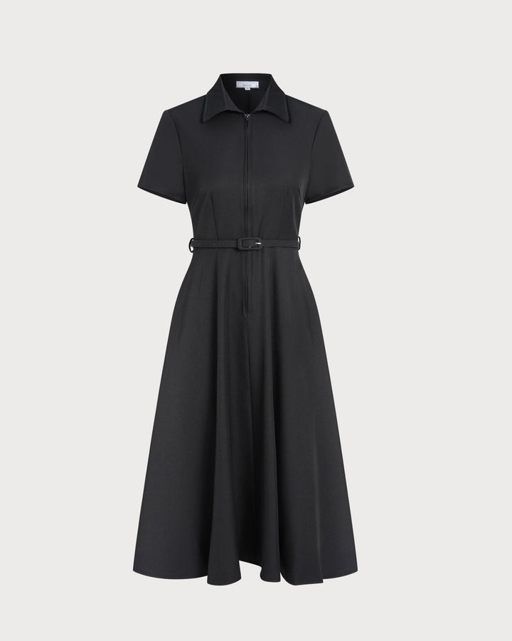Black A-Line Belted Midi Dress