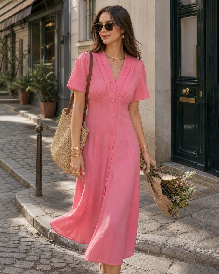 Pink V Neck Ruched Button Midi Dress