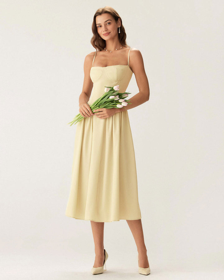 Yellow Square Neck Pocket Slip Midi Dress