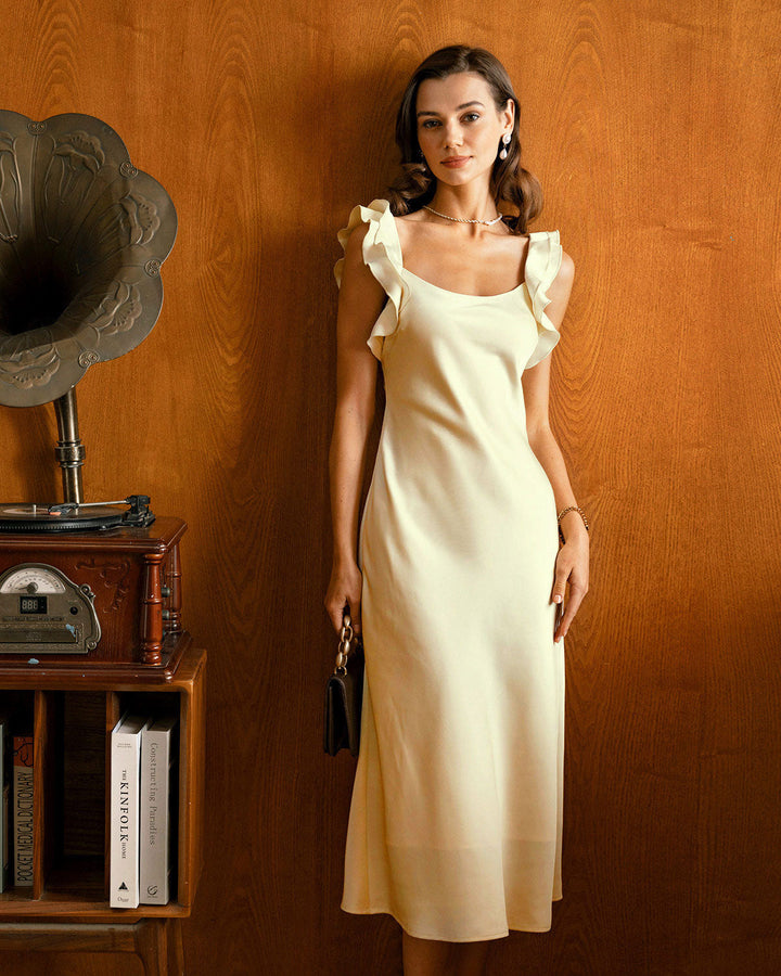 Yellow Square Neck Ruffle Satin Midi Dress
