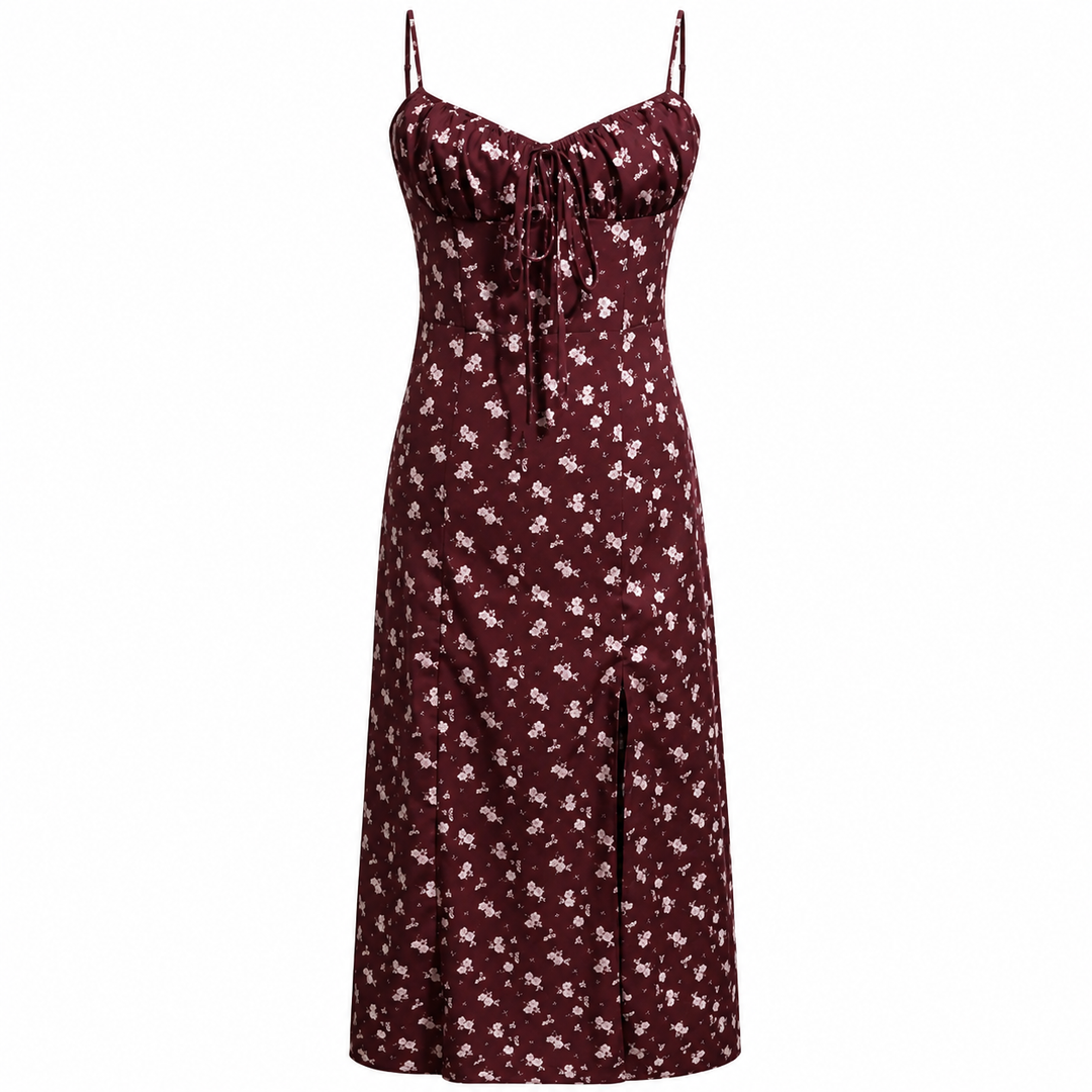 Wine Red Floral Slip Midi Dress
