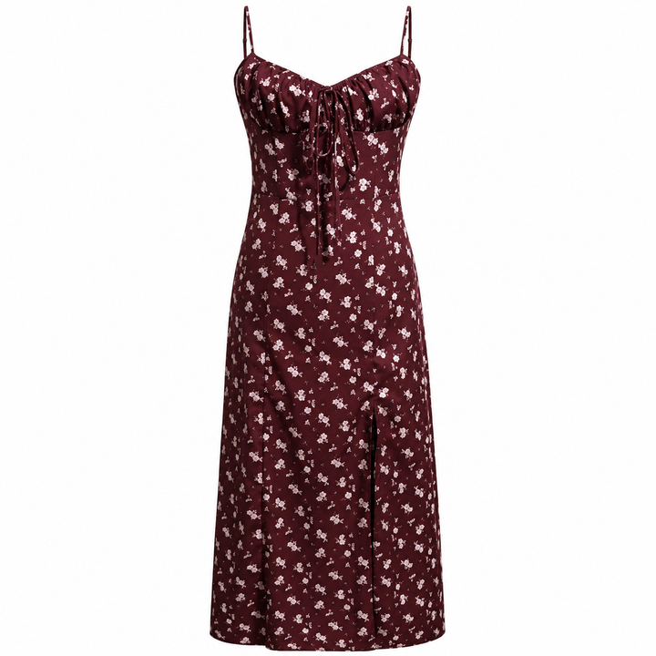 Wine Red Floral Slip Midi Dress