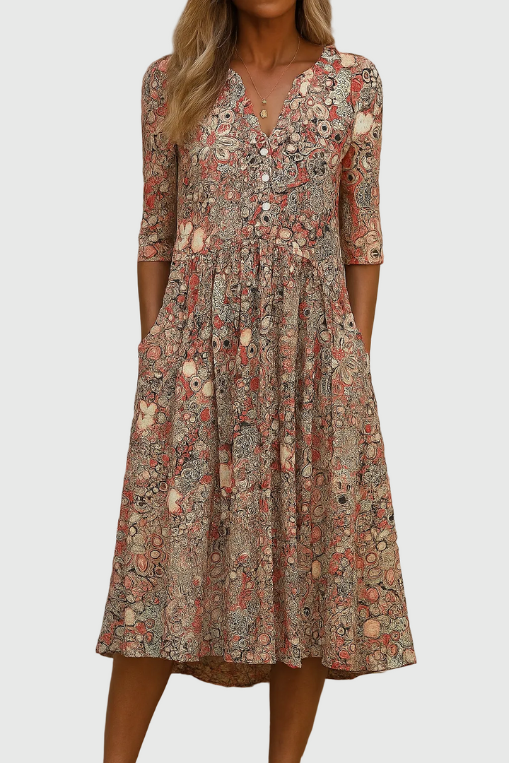 Savannah™ | Graceful V-Neck Elegance Midi Dress