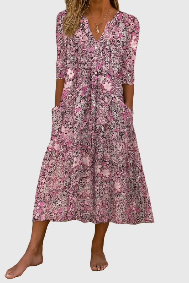 Savannah™ | Graceful V-Neck Elegance Midi Dress