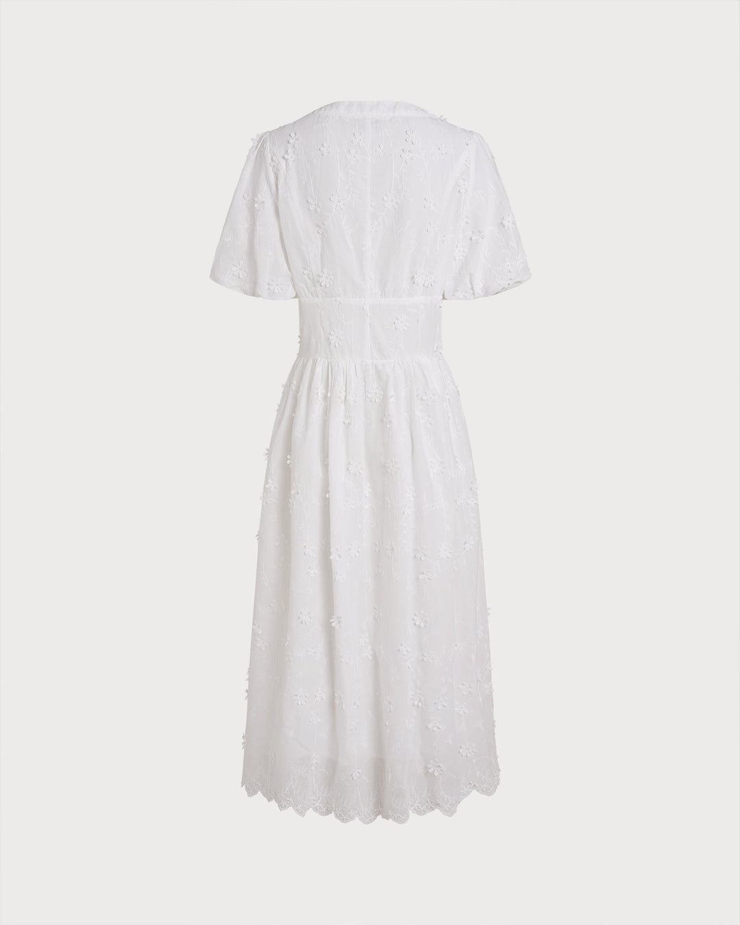 White Round Neck Floral Midi Dress