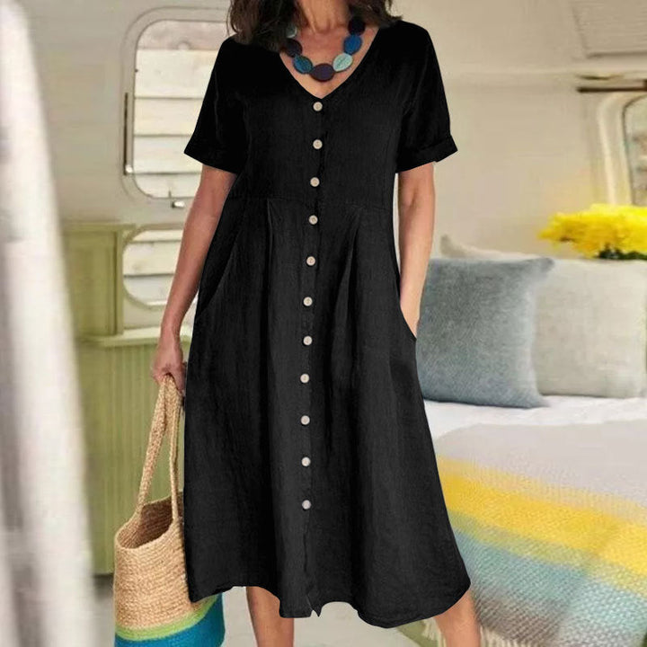 Linen Blend High-Waist Midi Dress