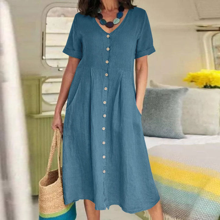 Linen Blend High-Waist Midi Dress