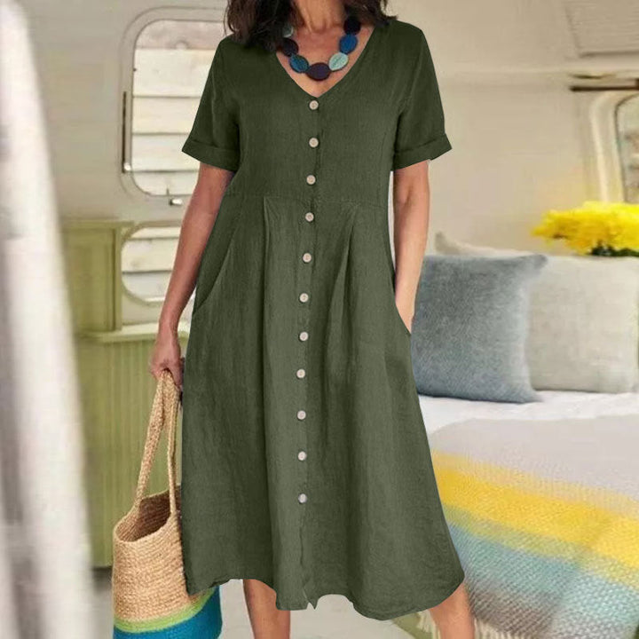 Linen Blend High-Waist Midi Dress