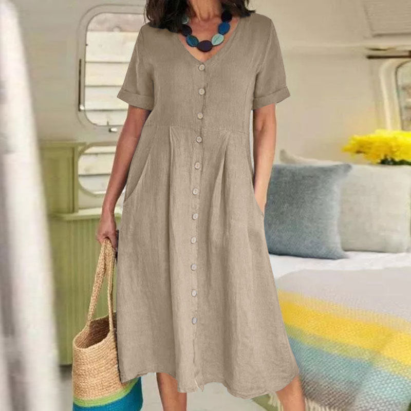 Linen Blend High-Waist Midi Dress
