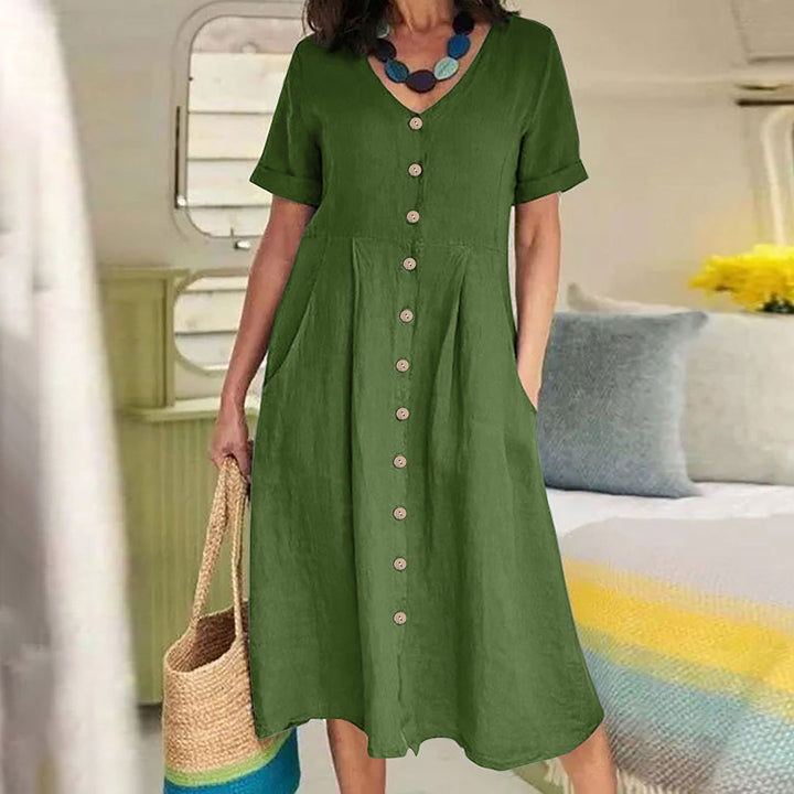 Linen Blend High-Waist Midi Dress