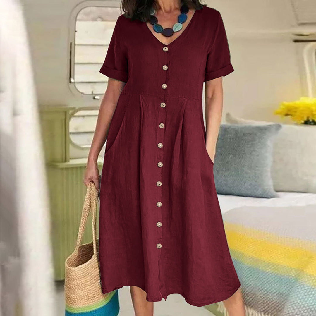 Linen Blend High-Waist Midi Dress
