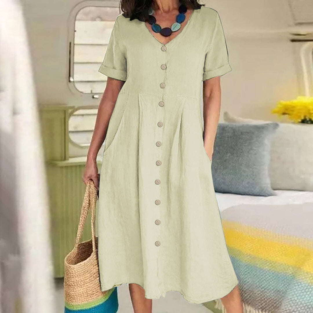 Linen Blend High-Waist Midi Dress