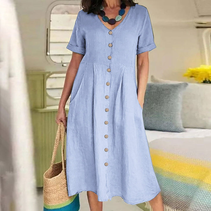 Linen Blend High-Waist Midi Dress
