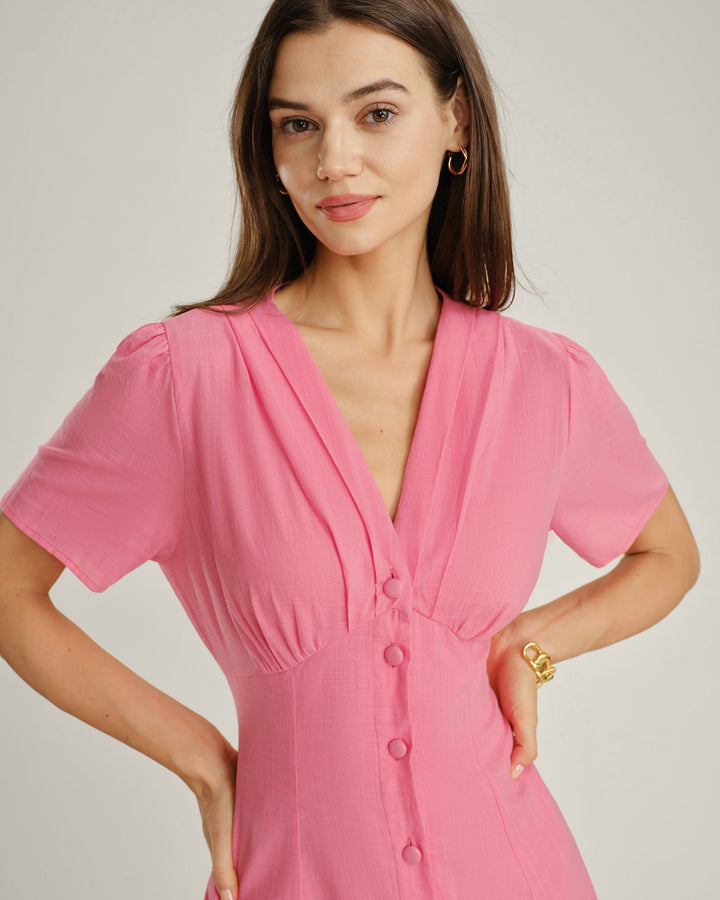 Pink V Neck Ruched Button Midi Dress