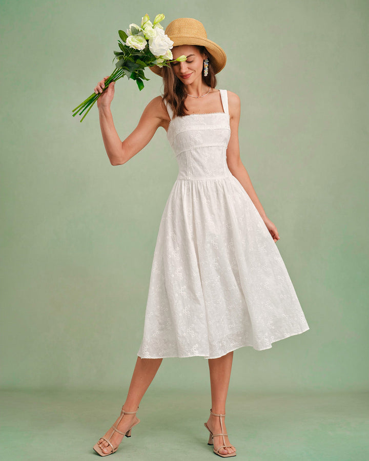White Square Neck Slip Midi Dress