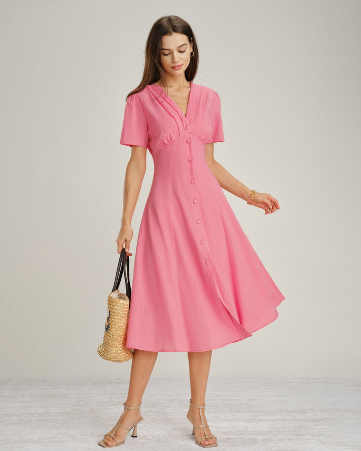 Pink V Neck Ruched Button Midi Dress