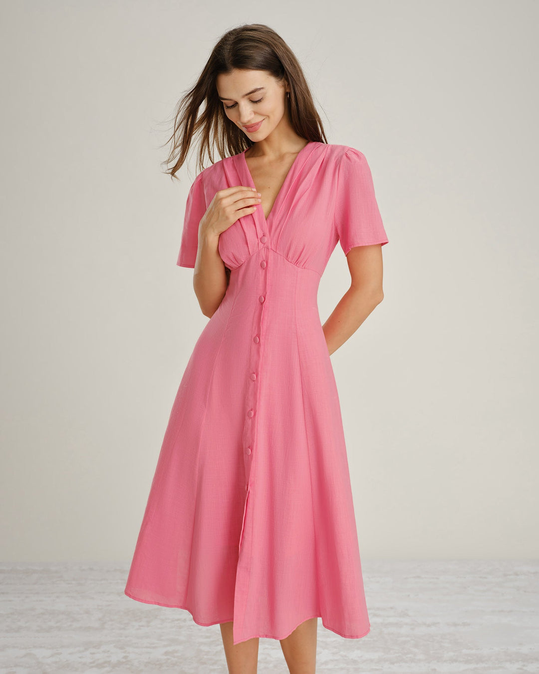 Pink V Neck Ruched Button Midi Dress