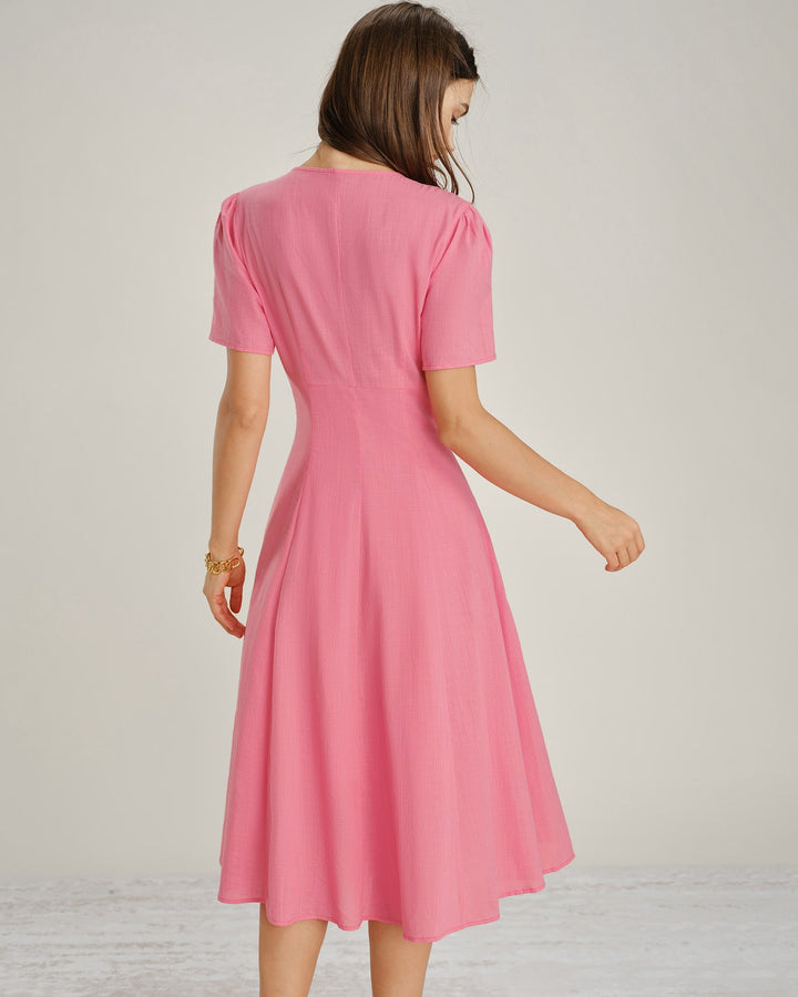 Pink V Neck Ruched Button Midi Dress