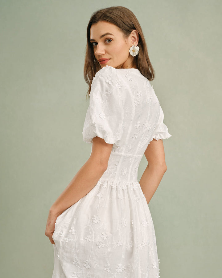 White Round Neck Floral Midi Dress