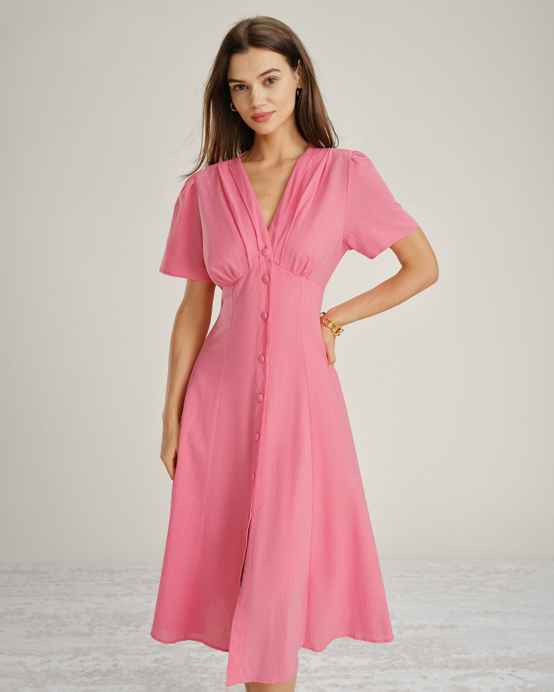 Pink V Neck Ruched Button Midi Dress