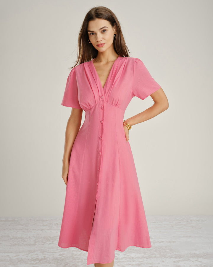 Pink V Neck Ruched Button Midi Dress