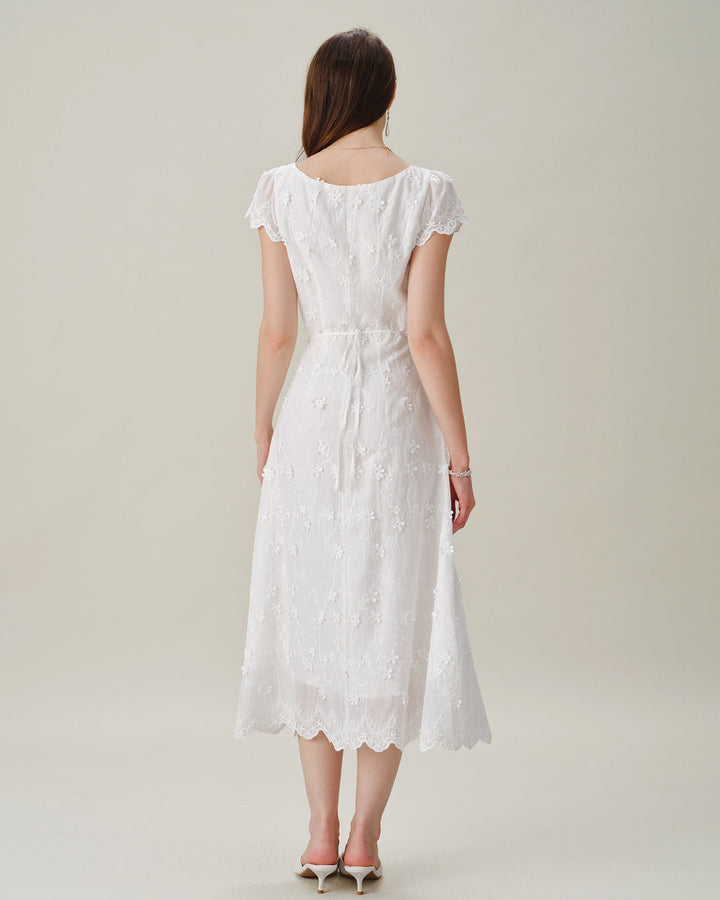 White Square Neck Embroidery Midi Dress