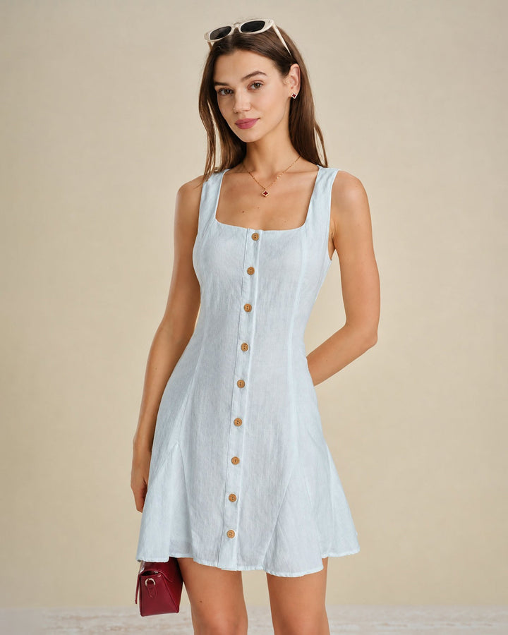 Blue Square Neck Textured Mini Dress
