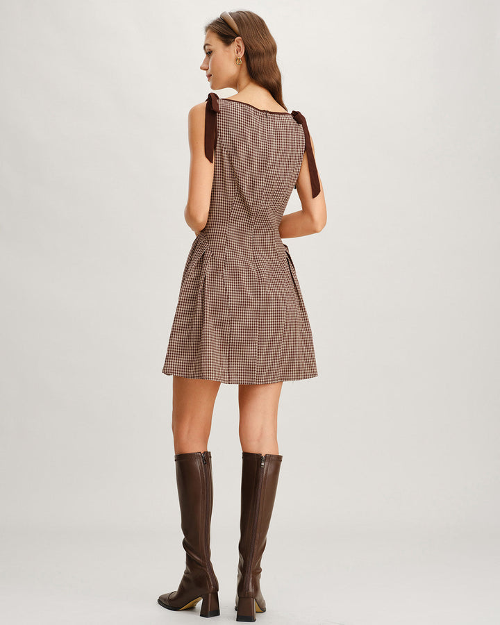Brown Gingham Tie Strap Mini Dress