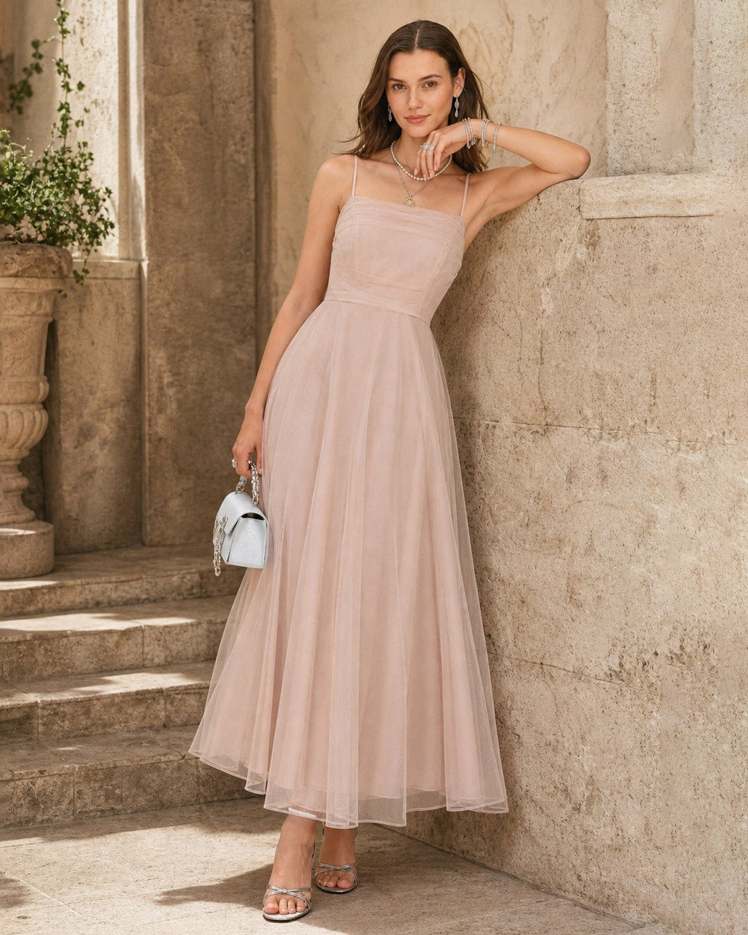 Apricot Pleated Flowy Slip Midi Dress