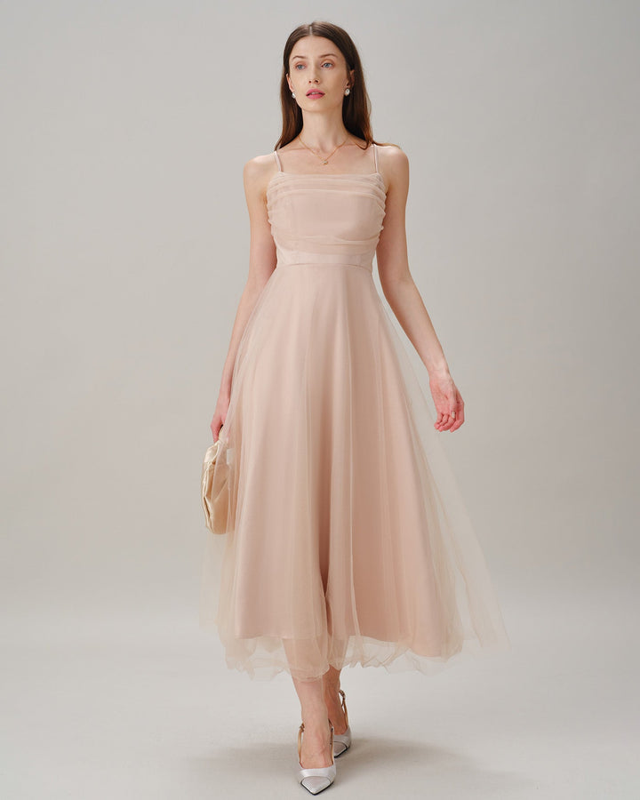 Apricot Pleated Flowy Slip Midi Dress