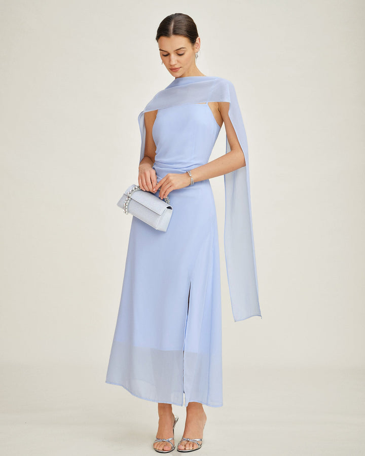 Blue Cowl Neck Strap Chiffon Maxi Dress