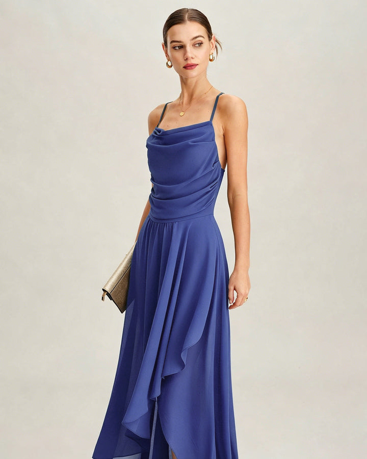 Blue Square Neck Slip Chiffon Maxi Dress