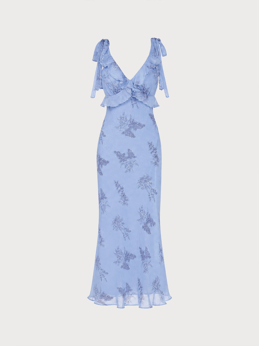 Blue Floral Ruffle Tie Strap Maxi Dress