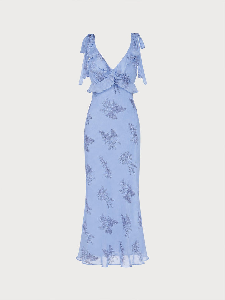 Blue Floral Ruffle Tie Strap Maxi Dress