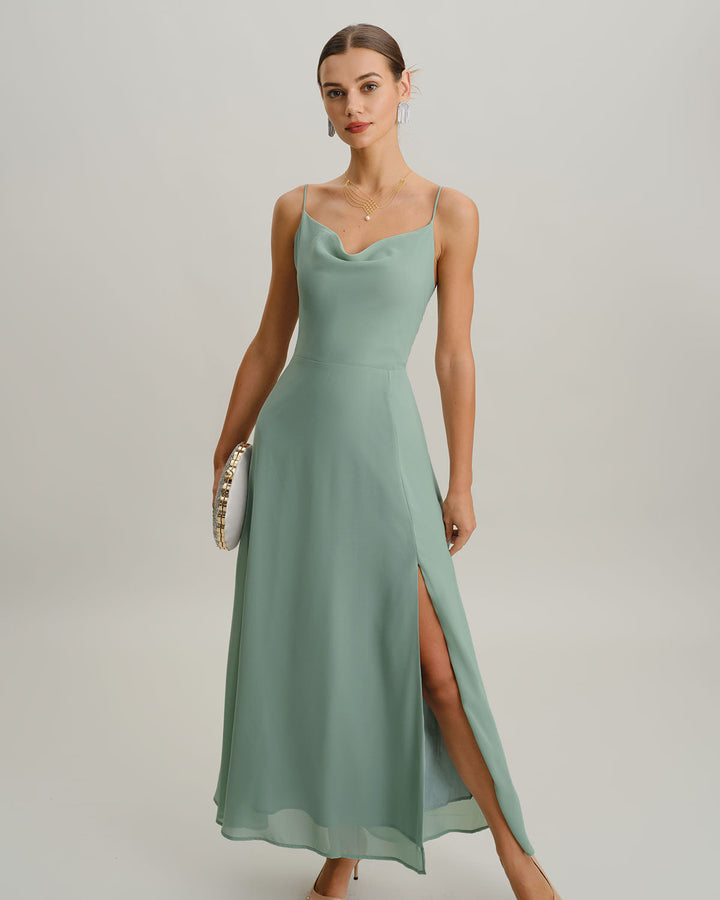 Green A-Line Backless Slip Maxi Dress