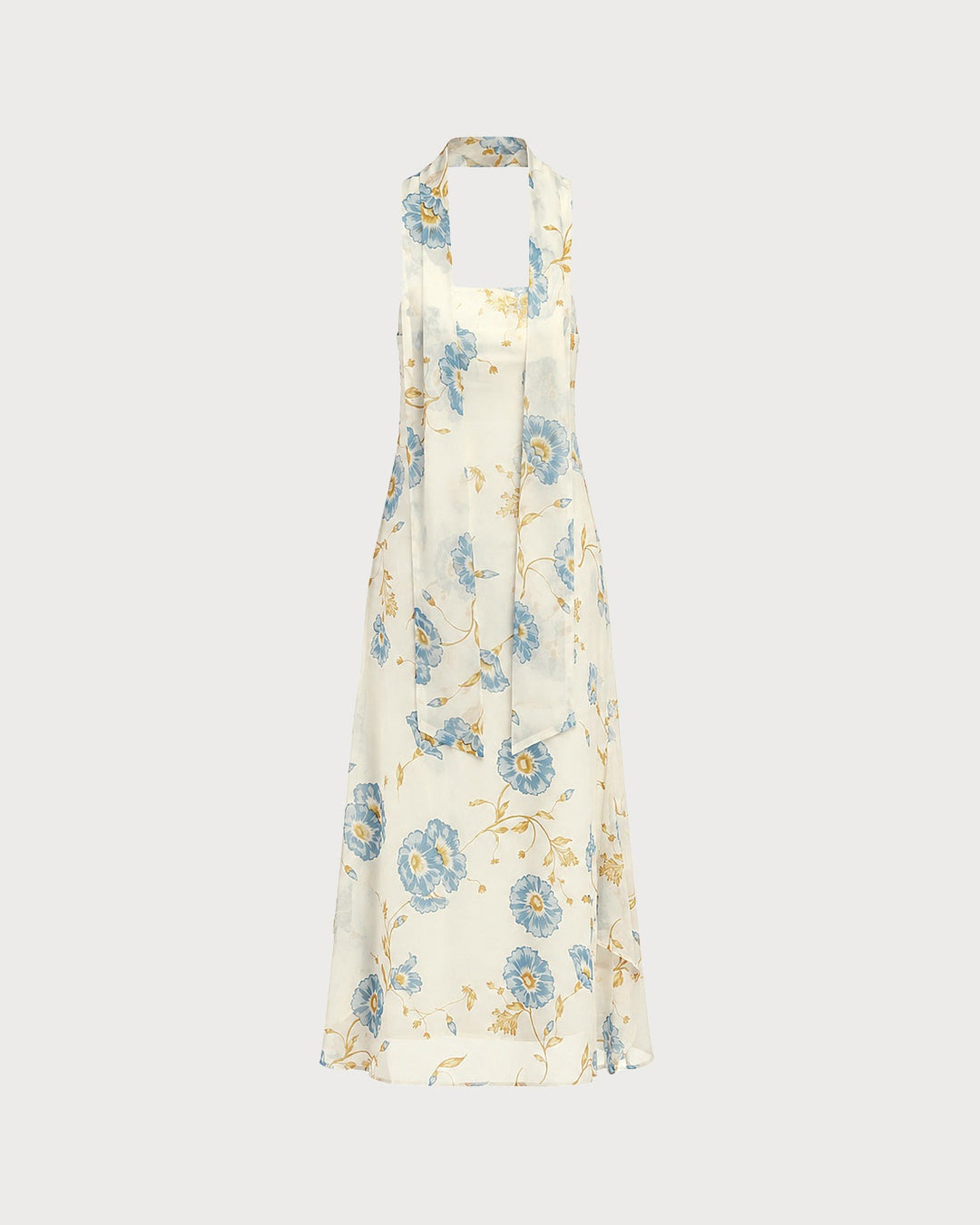 Beige Floral Tie Chiffon Maxi Dress