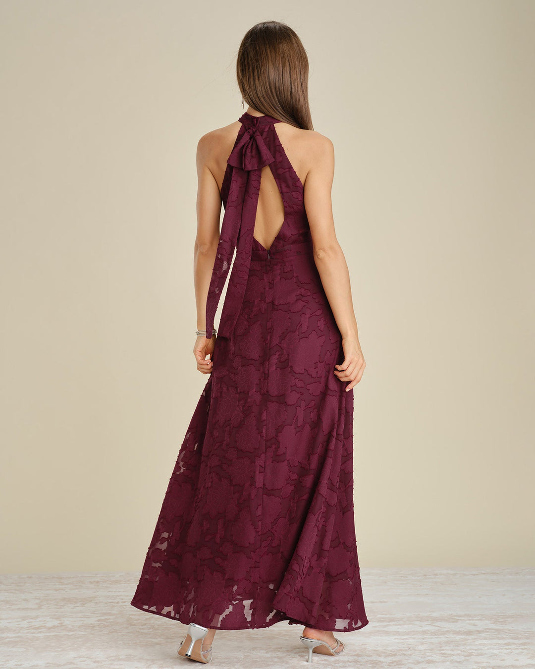 Wine Red Mock Neck Jacquard Maxi Dress