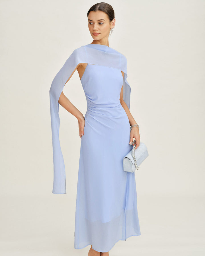 Blue Cowl Neck Strap Chiffon Maxi Dress