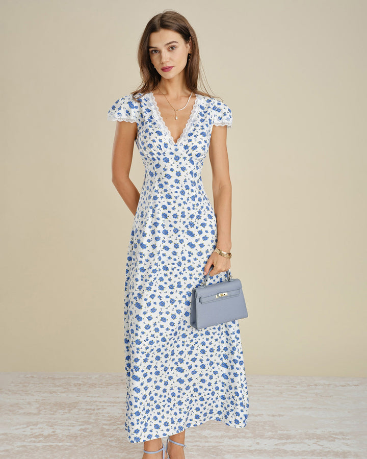 Blue Cap Sleeve Lace Floral Maxi Dress