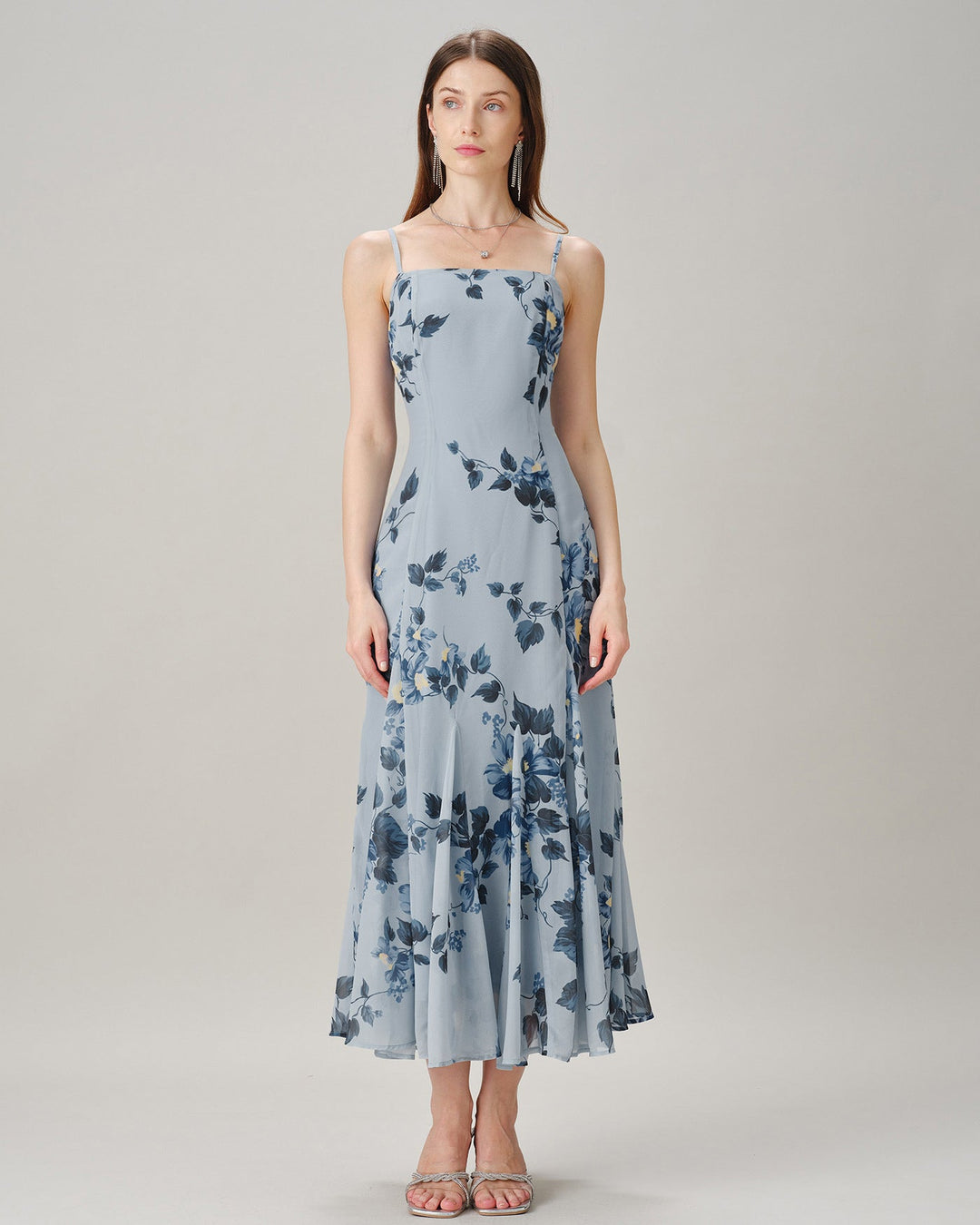 Blue Sleeveless Floral Chiffon Maxi Dress