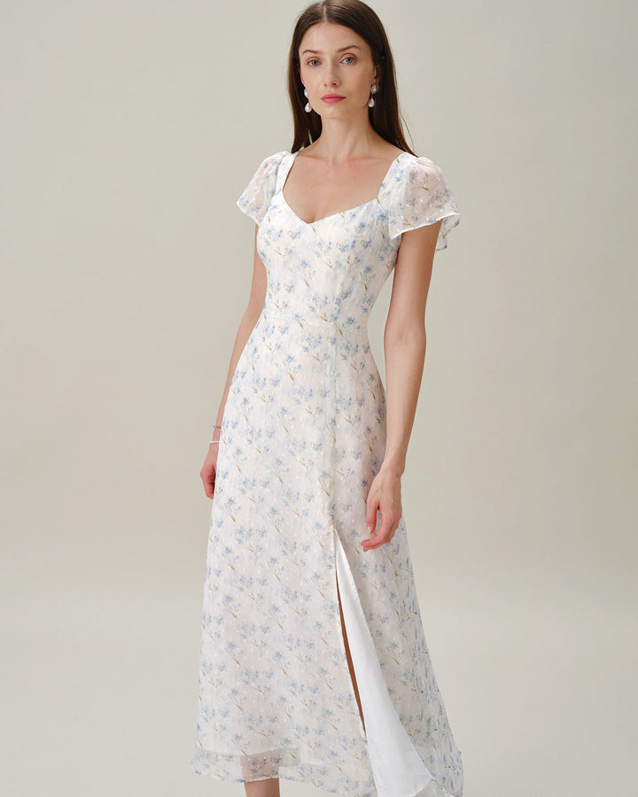 Blue Sweetheart Neck Floral Slit Maxi Dress