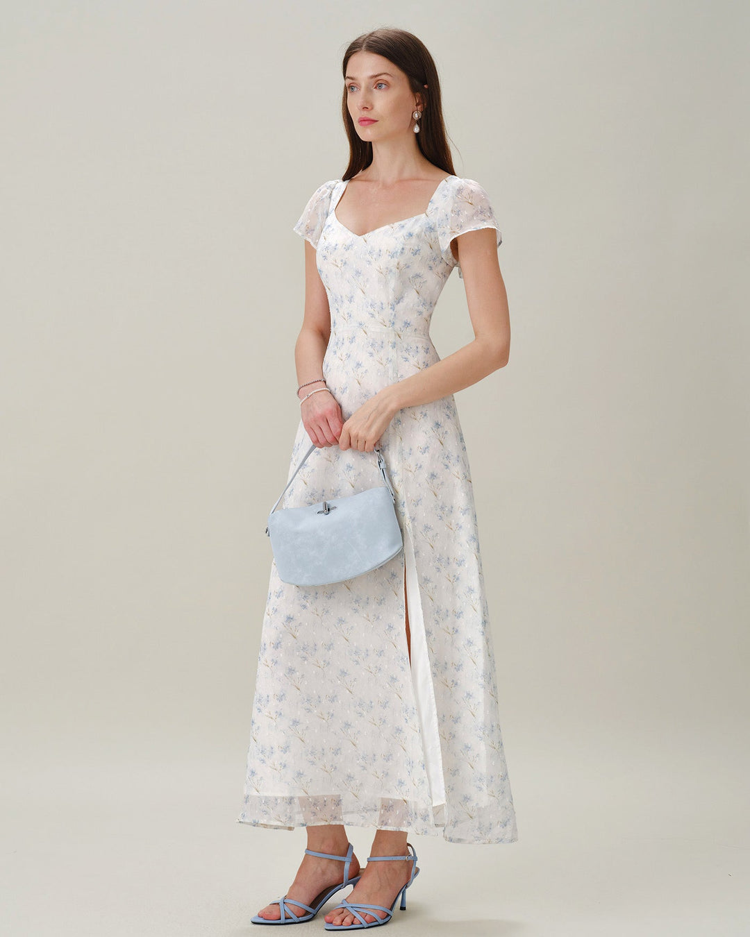 Blue Sweetheart Neck Floral Slit Maxi Dress