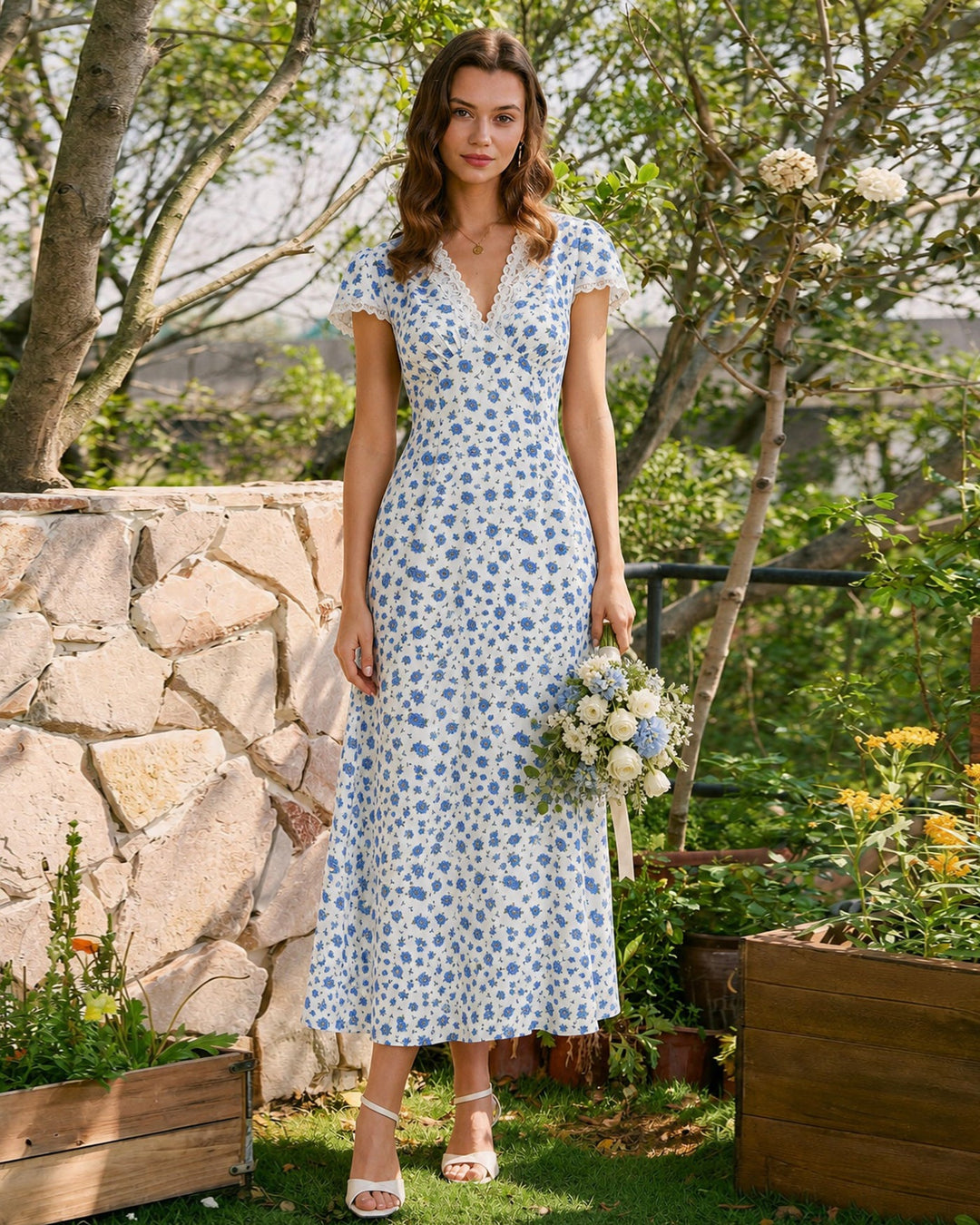 Blue Cap Sleeve Lace Floral Maxi Dress