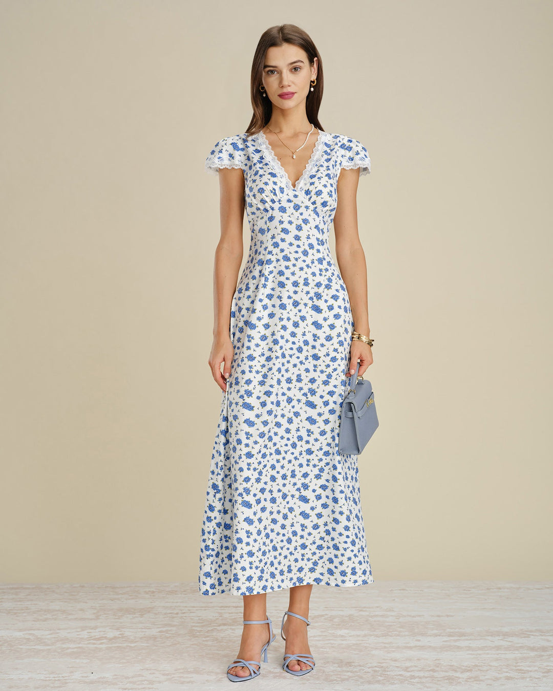 Blue Cap Sleeve Lace Floral Maxi Dress