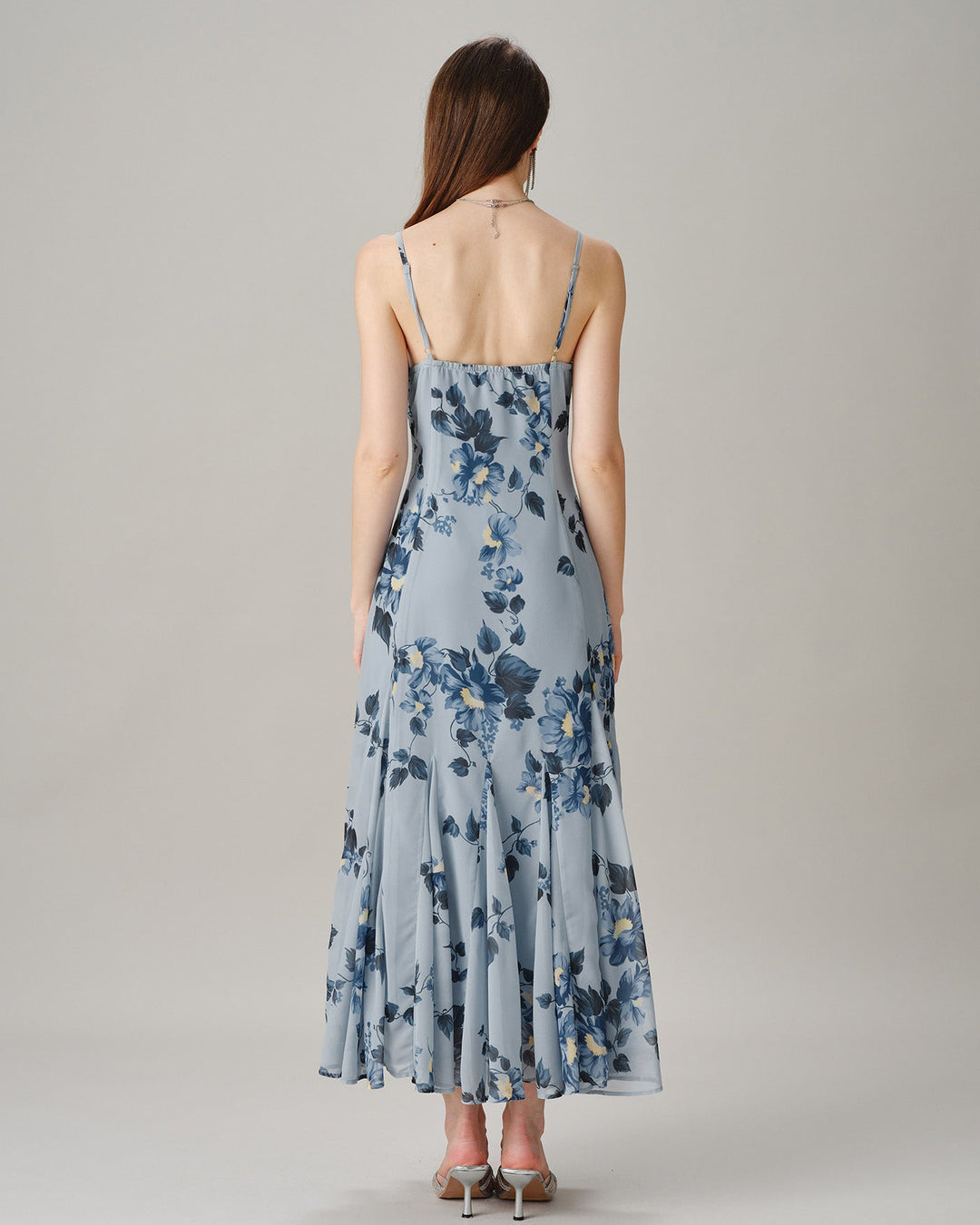 Blue Sleeveless Floral Chiffon Maxi Dress