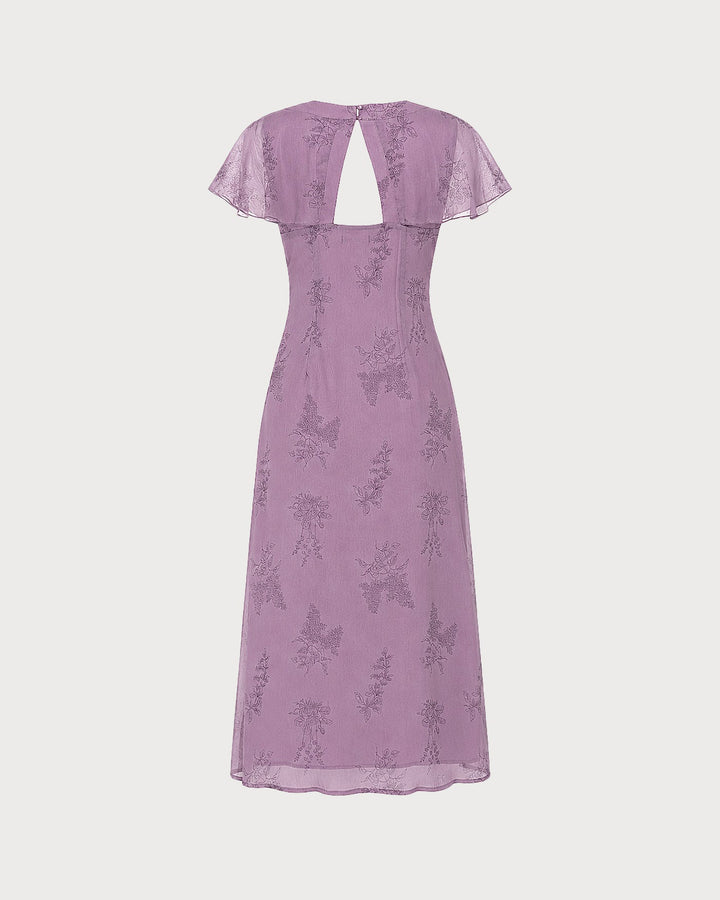 Purple V Neck Butterfly Sleeve Floral Midi Dress
