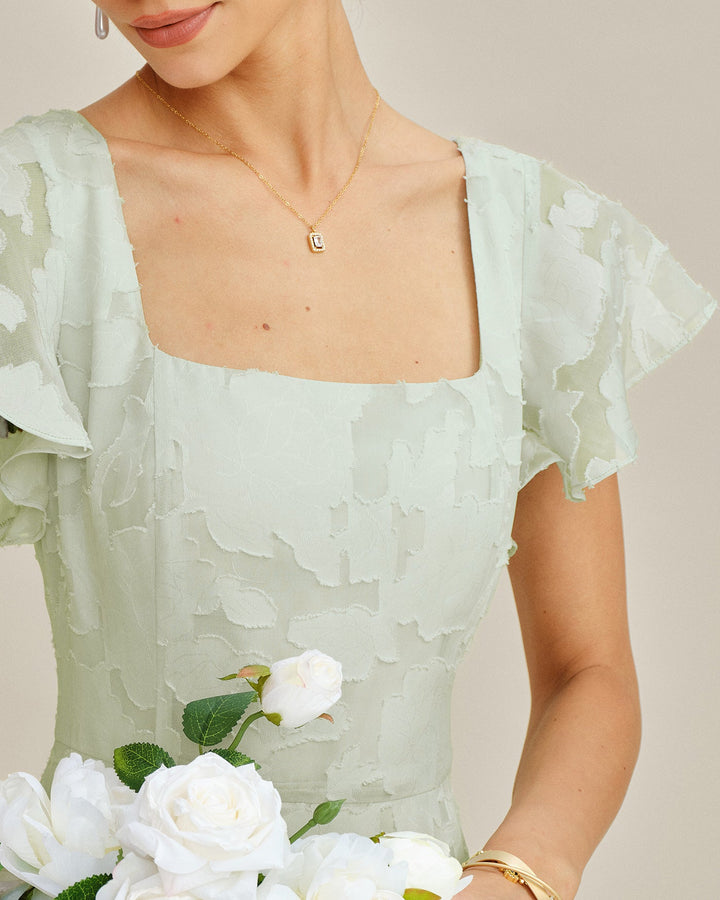 Green Square Neck Floral Textured Midi Dress