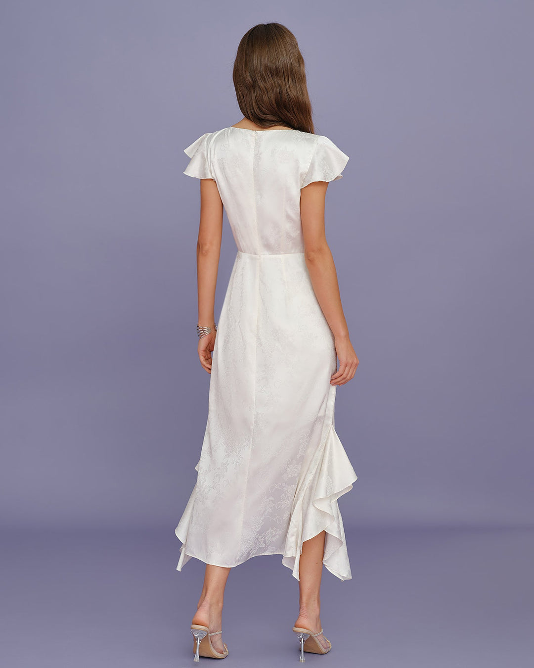 Beige Boat Neck Jacquard Ruffle Midi Dress